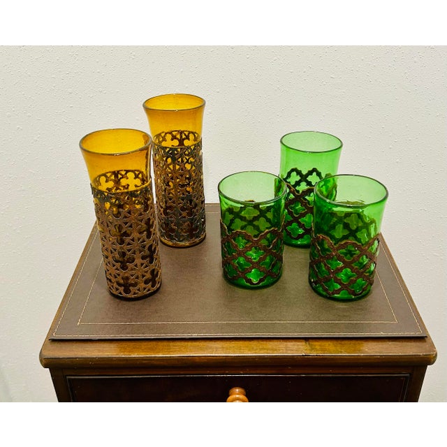 Green VTG Felipe Derflinger Handblown Amber & Green Brutalist Caged Tumblers, Set of 5 For Sale - Image 8 of 10