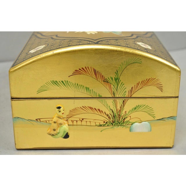 Vintage Chinese Oriental Gold Leaf Dome Lid Jewelry Box W/ Soapstone Figures For Sale - Image 12 of 18