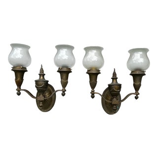 Pair of Vintage Two Light Brass Wall Sconces, Attributed to Bradley & Hubbard For Sale