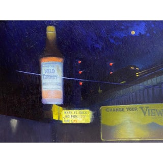 Covington by Brad Davis | Oil on panel Nighttime city scene with a large bottle and neon signs. For Sale