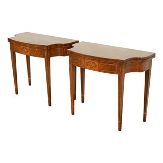 Baker Furniture Federal Inlaid Mahogany Flip-Top Consoles or Game Tables, Pair For Sale