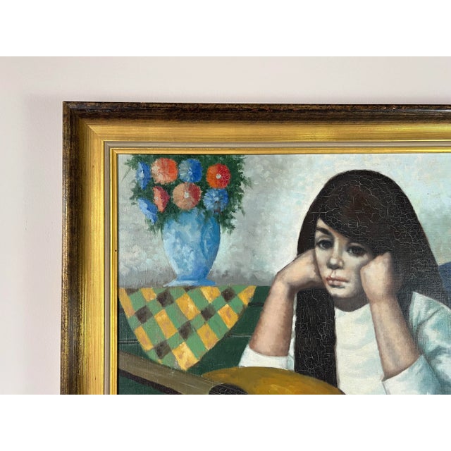 1960s 1960's Abati Young Woman With Mandolin Oil Painting, Framed For Sale - Image 5 of 13