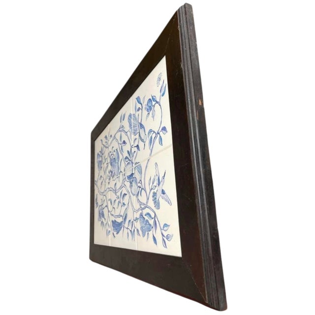 2000 - 2009 Vintage Blue & White Ceramic Tile Wall Panel - Chinoiserie Botanical & Bird Motif For Sale - Image 5 of 12