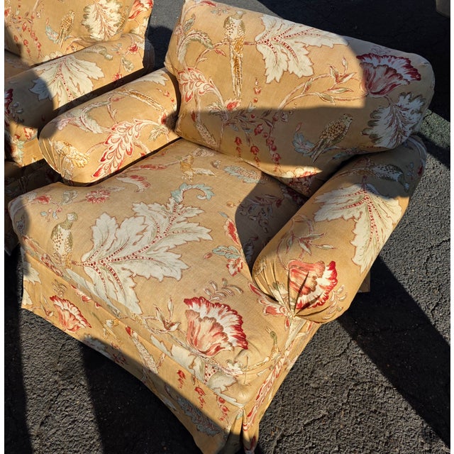 Wood Pair of English Roll Arm Club Chairs in Mulberry Early Birds Sand Fabric With Skirted Bases, Late 20th Century For Sale - Image 7 of 9