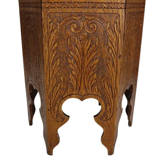 Arts & Crafts Floral & Foliate Press Oak Hexagonal Tabouret Plant Stand C1920 For Sale - Image 4 of 9