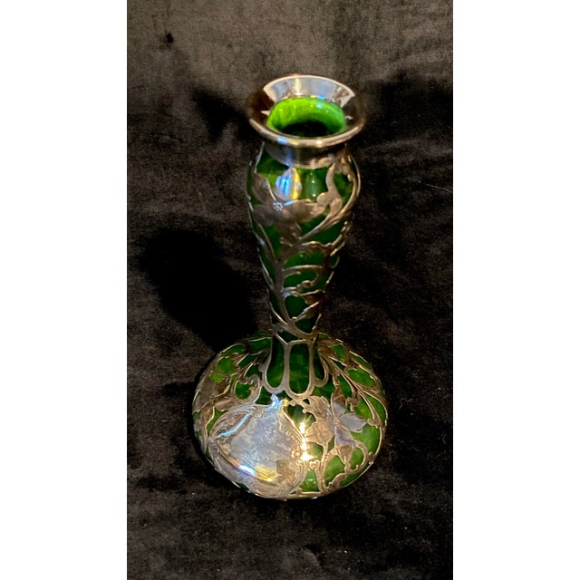 Loetz Antique Loetz Sterling Art Nouveau Green Glass Vase For Sale - Image 4 of 9