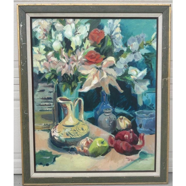 1984 Torgesen Murdock Original Oil Painting – Floral Still Life With Lilies, Roses & Ceramic Pitcher For Sale - Image 10 of 18