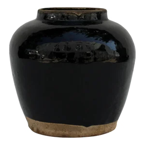 Mid-Century Vintage Black Porcelain Glazed Obsidian Jar With Unfinished Base