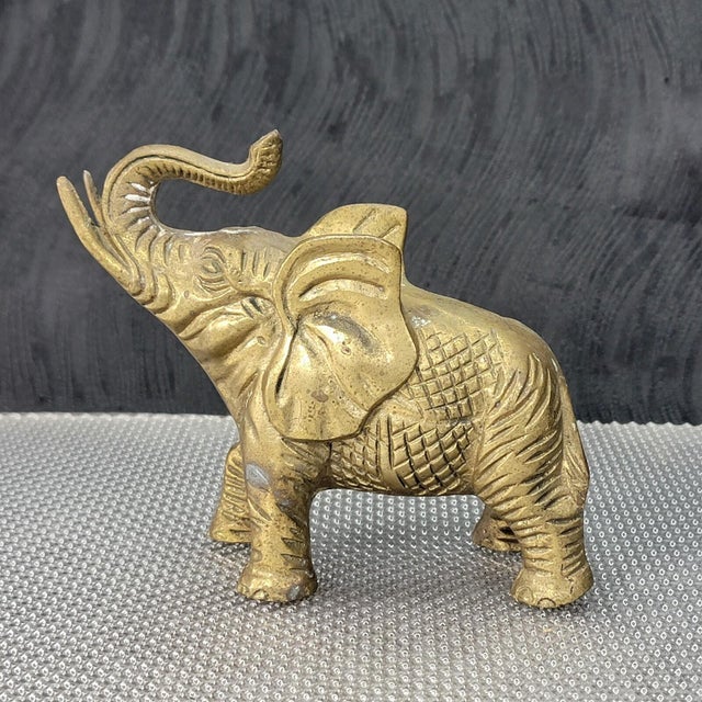 1950s 1950s Etched Solid Brass Elephant Figurine Trunk Up For Sale - Image 5 of 13