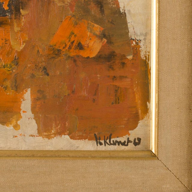 A framed oil on panel is signed on the lower right side, this abstract painting by Canadian artist Hans Kline, is executed...
