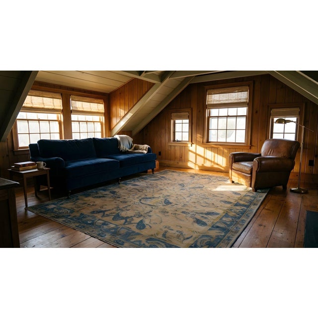 Extraordinary Tan Beige and Blue Color With Symetric Florid Antique Indian Rug For Sale - Image 13 of 15