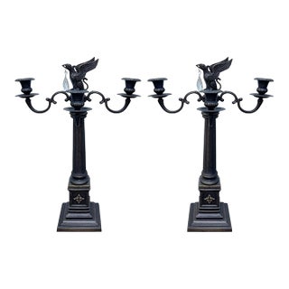 Pair of Vintage Gothic Bronze Candelabras W/Griffin Finial & Crystals For Sale