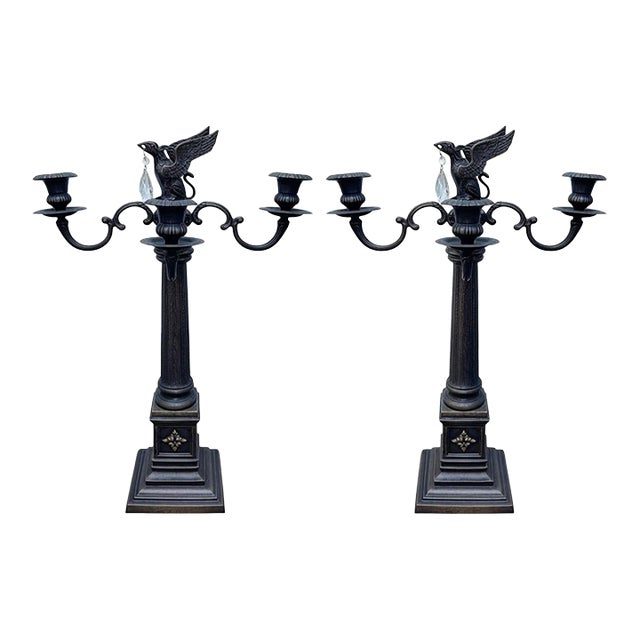 Pair of Vintage Gothic Bronze Candelabras W/Griffin Finial & Crystals For Sale