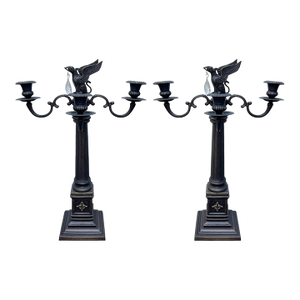 Pair of Vintage Gothic Bronze Candelabras W/Griffin Finial & Crystals