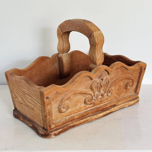 Antique French Country Hand Carved Basket in Heavily Grained Wood With Filigree Detail For Sale - Image 4 of 7