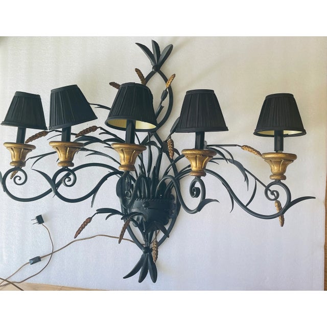 Black Mid 290 Th C Large Vintage Sculptural Wheat Sheaf Metal Tole Sconces For Sale - Image 8 of 9