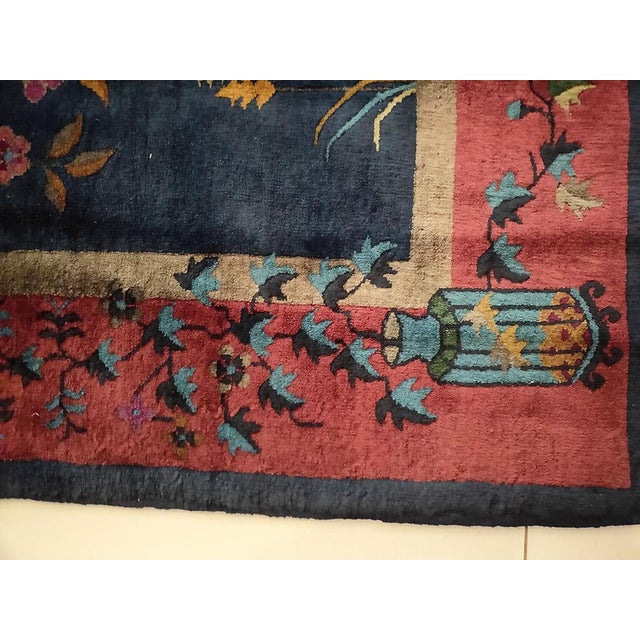 Art Deco 1920s Blue Navy Floral Antique Chinese Art Deco Rug 6' X 8'8" Handknotted Wool Carpet For Sale - Image 3 of 6