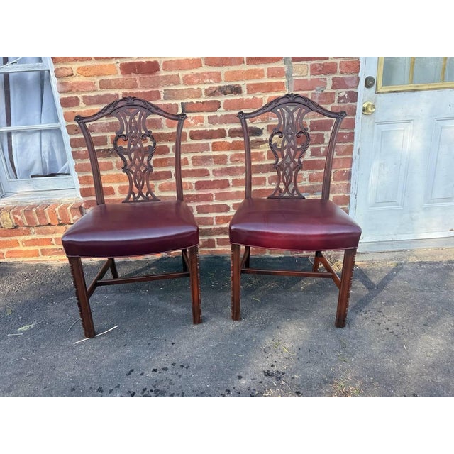 Antique Chippendale Style Mahogany Leather Seat Dining Side Chairs For Sale - Image 9 of 17