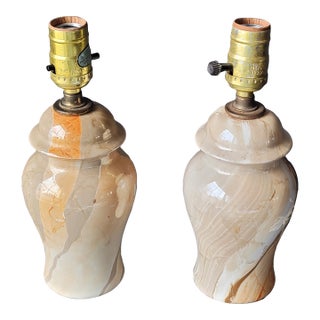 Vintage Mid Century Ceramic Marble Pattern Ginger Jar Lamps Set of 2 For Sale
