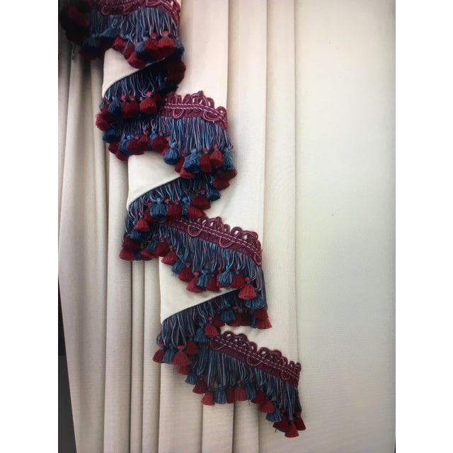 Textile Pair of Custom French Pleat Ivory Drapes With Blue and Pinkish Red Samuel & Sons Trim For Sale - Image 7 of 10
