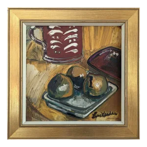 Mid-Century Modern "Fruit & Red Mug" Swedish Vintage Expressionist Still Life Oil Painting, Framed