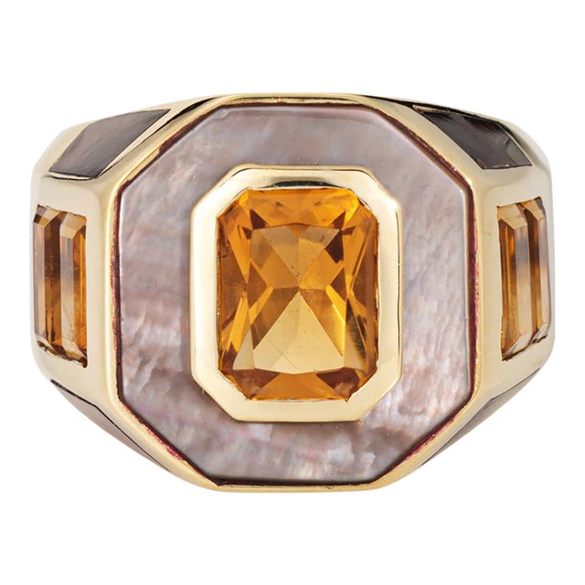 French Arfan Ring Citrine Mop Sz 6 18k Yellow Gold Square Cocktail Jewelry For Sale