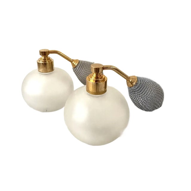 Metal Vintage Waltersperger Frosted Glass and Brass Perfume Bottles With Silvertone Mesh Atomizer (Pair) - France For Sale - Image 7 of 7
