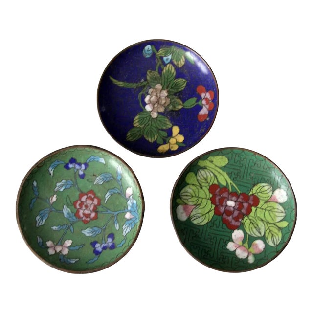 Antique Chinese Cloisonne Plates Set of 3 For Sale