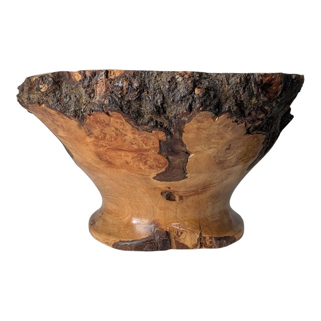 Handcrafted Live Edge Burl Wood Footed Pedestal Bowl Heavy Signed Roland Hardee For Sale