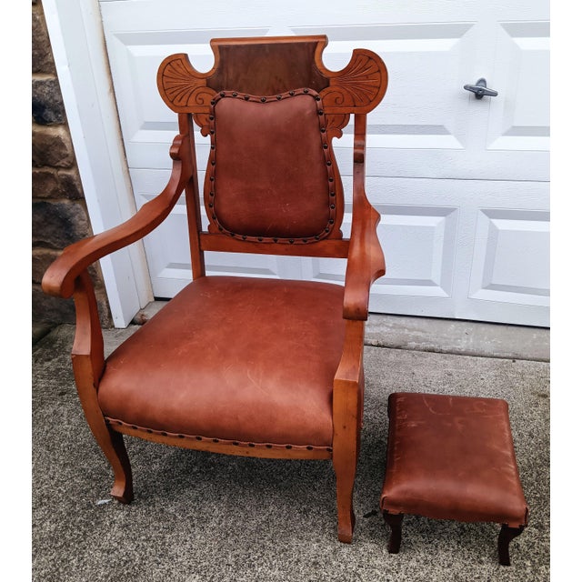 Rare Antique Victorian Carved Oak & Leather Throne Armchair With Matching Ottoman For Sale - Image 11 of 12