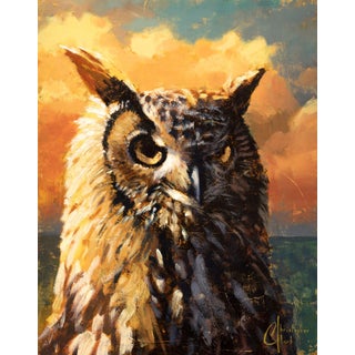 Watchful Eyes by Christopher Clark | Oil and metal leaf on wood panel Owl against a colorful sky For Sale