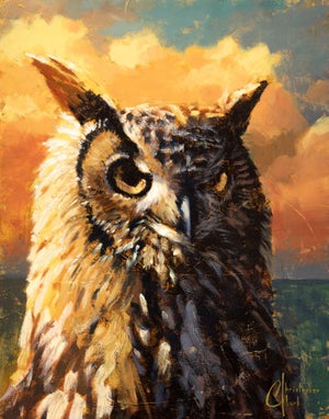 Watchful Eyes by Christopher Clark | Oil and metal leaf on wood panel Owl against a colorful sky