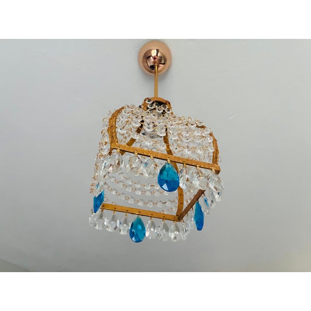 Vintage French Empire Brass & Crystal Pendant Light With Aqua Blue Drops - Pair Restored For Sale - Image 10 of 18