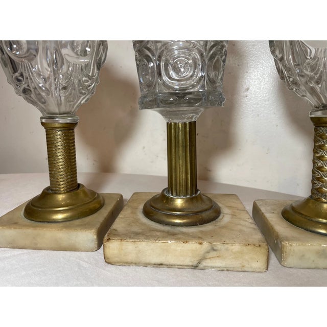 19th Century Lot of 3 Rare Antique 19th Century Bullseye Glass Brass Marble Whale Oil Lamp For Sale - Image 5 of 14