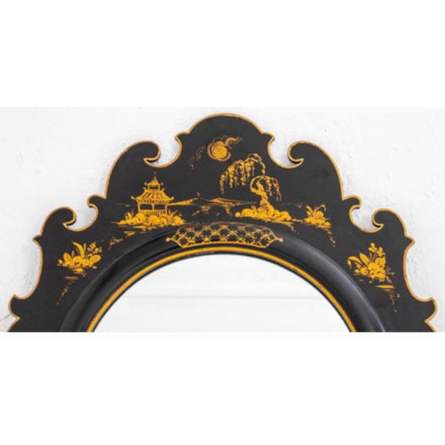 Wood Mid-Century English Georgian Style Black Lacquer & Gilt Chinoiserie Mirror For Sale - Image 7 of 10