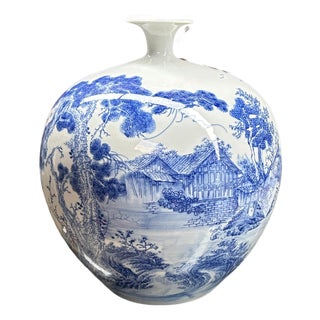 Chinese Blue White Handpaint Mountain Tree Scenery Porcelain Vase For Sale