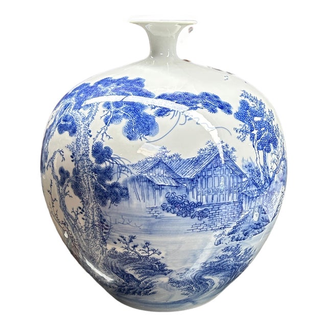 Chinese Blue White Handpaint Mountain Tree Scenery Porcelain Vase For Sale