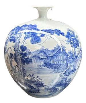 Chinese Blue White Handpaint Mountain Tree Scenery Porcelain Vase