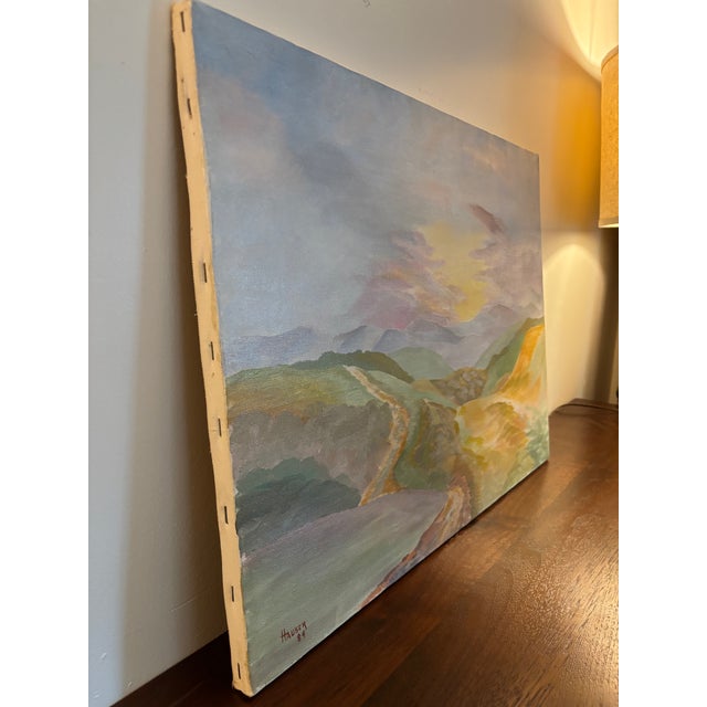 1980s Original Landscape Painting in Pastel Tones, Signed and Dated For Sale - Image 9 of 11