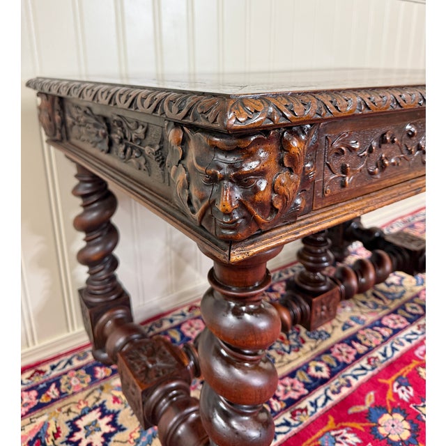 Antique French Henri II Style Writing Desk Barley Twist Carved Walnut 19th C For Sale - Image 17 of 18