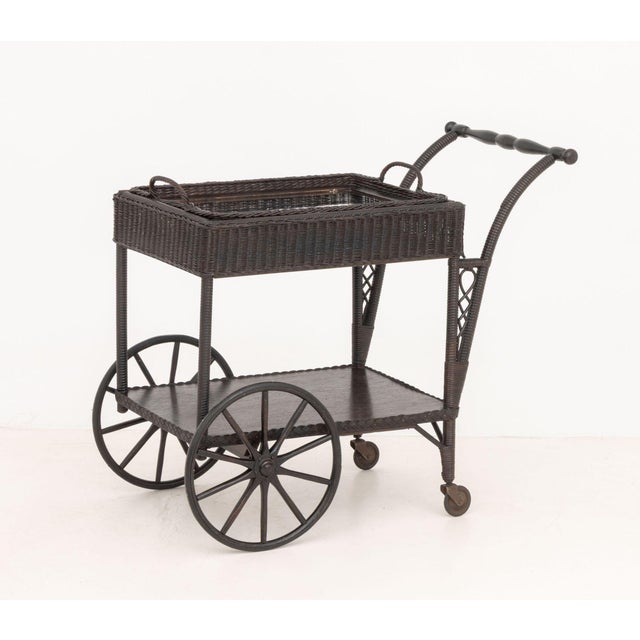 Contemporary Vintage Brown Painted Wicker Tea Trolley For Sale - Image 3 of 11