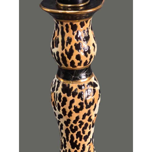 Late 20th Century Hollywood Regency Decorative Animal Print Leopard Ceramic Candlestick Table Lamp For Sale - Image 5 of 11