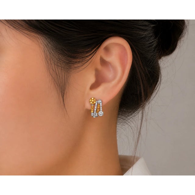 French Late 20th Century 14K White Gold Yellow Sapphire Diamond Floral French Clip Earrings, Pair For Sale - Image 3 of 3