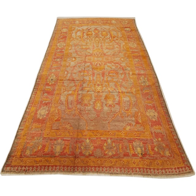 Antique Oushak Carpet, Handmade Turkish Oriental Rug, Saffron, Coral, Light Blue For Sale - Image 16 of 17