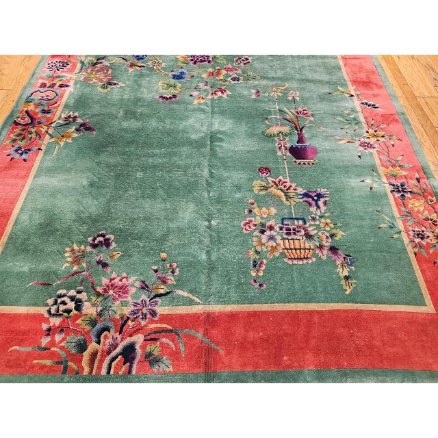 Vintage Chinese Art Deco Hand-Knotted Wool Rug, Floral Design, 1920s, 9' x 12' For Sale - Image 13 of 15