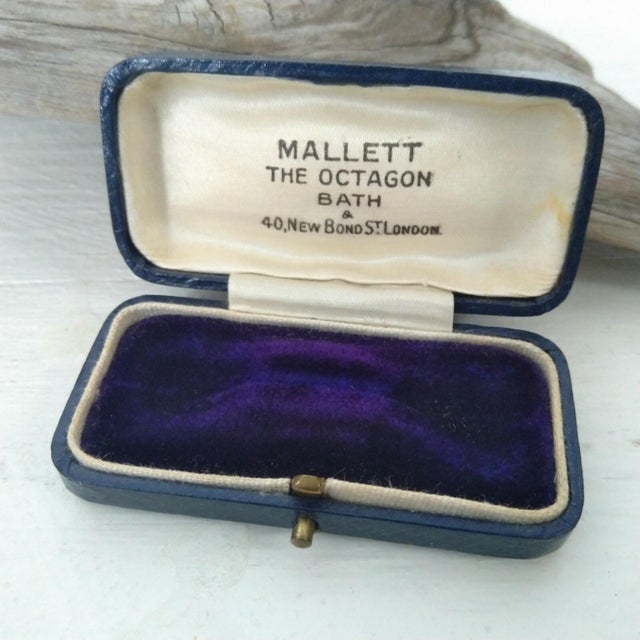Antique Georgian Brooch Box by Mallet The OCTAGON in Bath. Blue with gold gilt trim lavish purple lining. Hinge works...