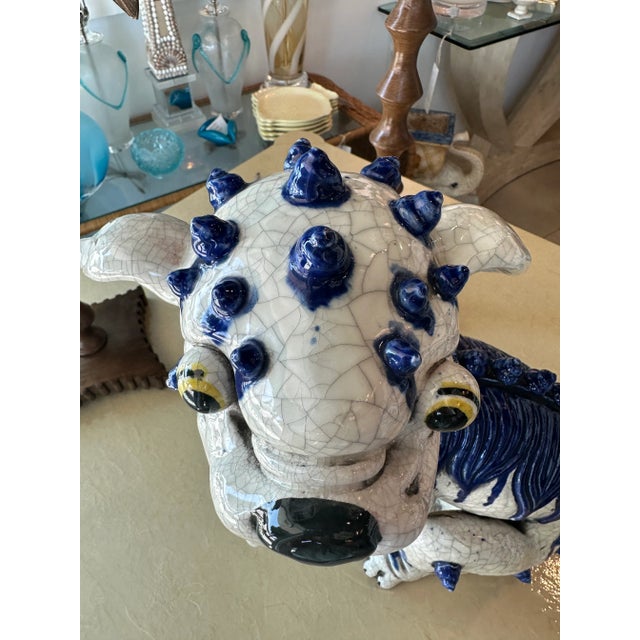 Vintage Oriental Blue & White Large Foo Dog Terracotta Porcelain For Sale - Image 10 of 13