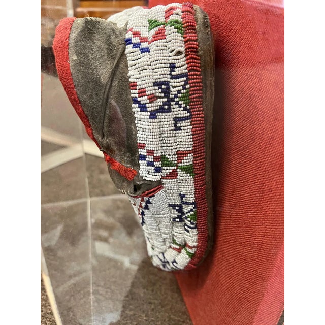 Animal Skin Antique Custom Framed Cheyenne Beaded Sinew Sewn Moccasins in the Style of Native American Arts and Crafts For Sale - Image 7 of 13