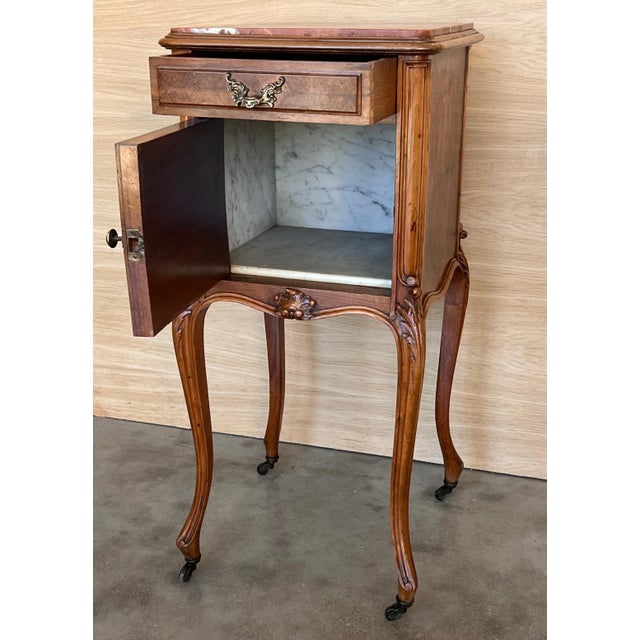 French Provincial Antique French Mahogany Night Stands with marble top and wheels, 1900, 2 Pieces For Sale - Image 3 of 18