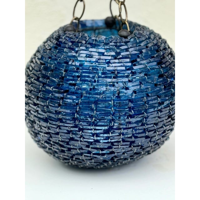 Pendant Light : Vintage Mid-Century Cut Blue Glass Stacked Globe-Shaped Round “Blue Moon” Pendant Light Fixture. Mid Century Vibe For Sale - Image 4 of 11